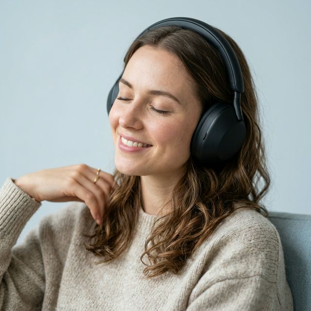 Girl completely immersed in enjoying music, closing her eyes
